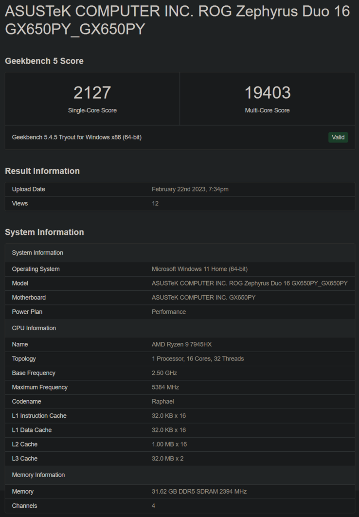 AMD Ryzen 9 7945HX on Geekbench (image via Geekbench)