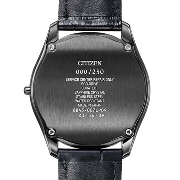 Rear view of the Citizen Eco-Drive One AQ5025-04N showing its brushed black caseback, limited-edition numbering, and engraved specifications.