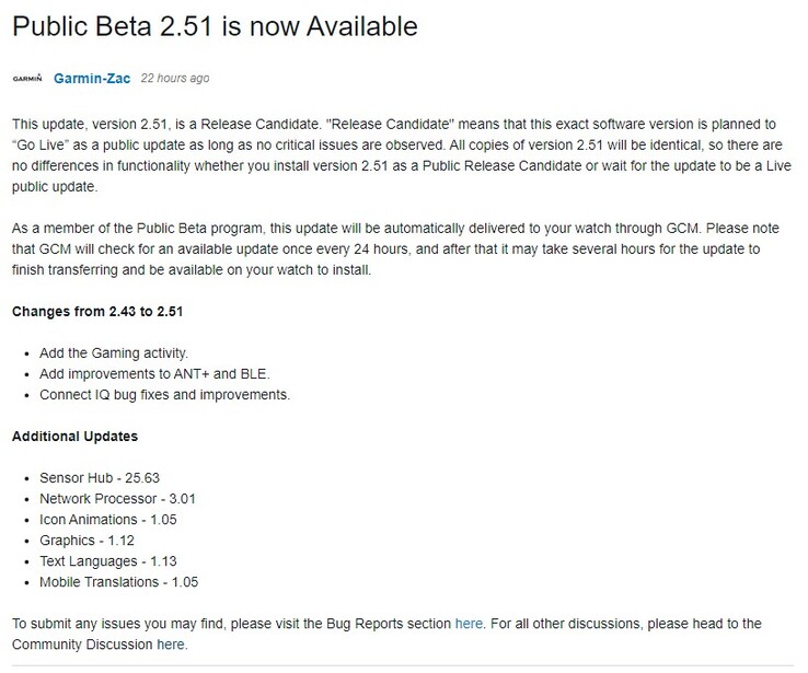 The changelog for Garmin Public Beta 2.51. (Image source: Garmin)