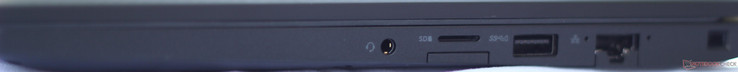 Right: Combo headset, microSD, SIM tray, USB 3.1 (Gen 1) Type-A, Ethernet, Noble lock slot