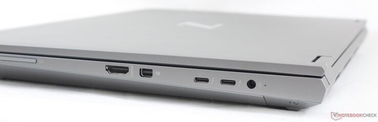 Right: SD card reader, HDMI 2.0b, Mini DisplayPort 1.4, 2x USB-C w/ Thunderbolt 3, AC adapter