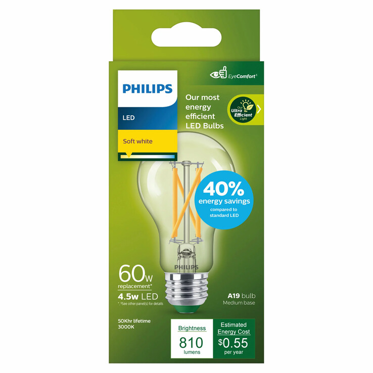 The Philips Ultra Efficient LED 60W A19 Light Bulb, Soft White. (Image source: Philips)