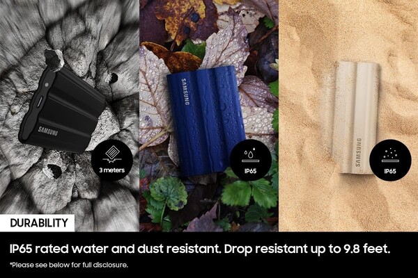 The Samsung T7 Shield has a rubber exterior for protection against drops, water, and dust. (Image source: Samsung)