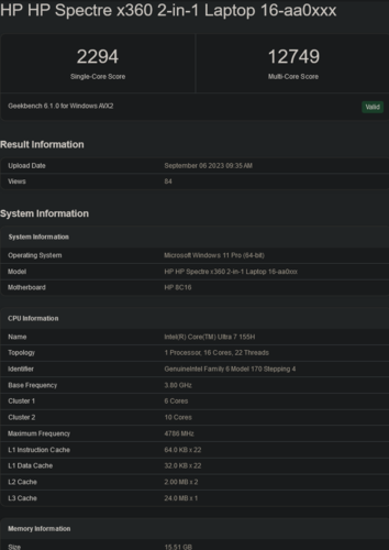 Ultra 7 155H (image Source: Geekbench)