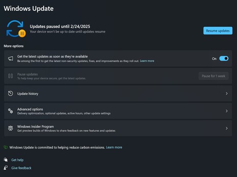 Windows updates paused to delay the installation of 24H2 (Image Source: Screenshot / Adam Corsetti)