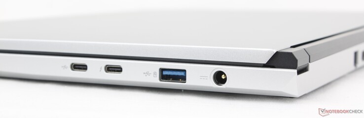 Right: USB-C 3.2 Gen. 2 w/ Power Delivery, USB-C Thunderbolt 4 w/ Power Delivery + DisplayPort 2.1, USB-A 3.2 Gen. 2, AC adapter