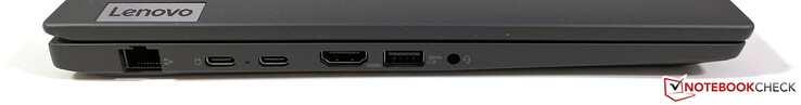 Left: Gigabit Ethernet, 2x USB-C 3.2 Gen.2 (10 GBit/s, DisplayPort ALT mode 1.4, Power Delivery), HDMI 2.0, USB-A 3.2 Gen.1 (5 GBit/s, powered), 3.5 mm stereo