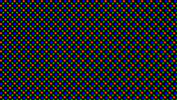 The OLED display is based on an RG/BG sub-pixel matrix consisting of one red, one blue, and one green LED each