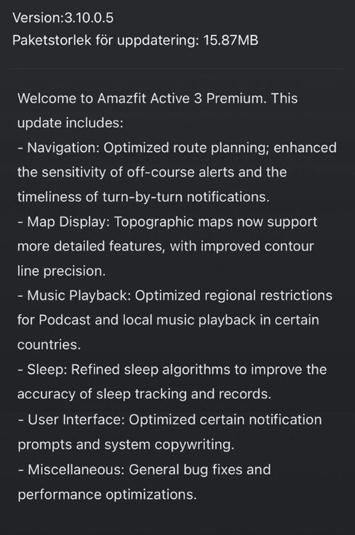 The release notes for firmware version 3.10.05 for the Amazfit Active 3 Premium