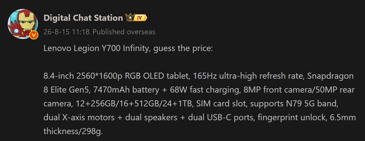 Digital Chat Station shares rounded-up specs of the upcoming Legion tablet (machine translated)