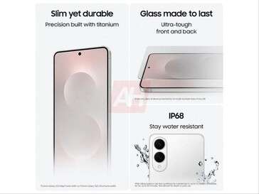 Galaxy S25 Edge leaked product image showing IP68 water resistance, titanium and glass design. (Image source: Android Headlines)