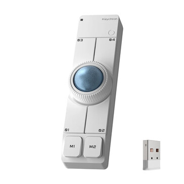 Keychron Nape Pro wireless trackball mouse in white along with a USB Type-A dongle