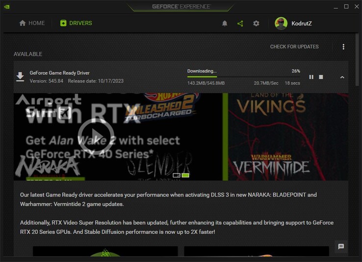 Downloading Nvidia GeForce Game Ready Driver 545.84 in GeForce Experience (Source: Own)