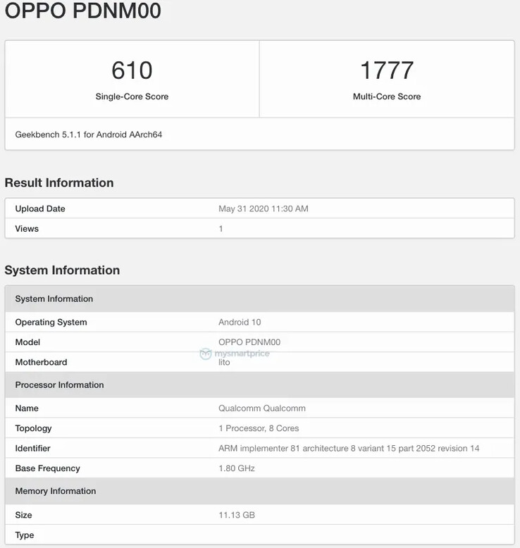 The "OPPO PDNM00" on Geekbench. (Source: Geekbench via MySmartPrice)