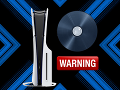 PS5 console shown next to disc and warning sticker