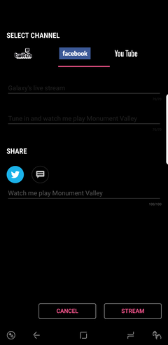A screenshot showing Game Live's streaming platform options. (Source: Sam Mobile)