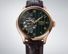 Close-up of the Seiko Presage HCB007’s green dial, showing its textured geometric pattern, Roman numeral markers, and exposed mechanical movement.