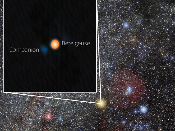 A photo of the constellation Orion, showing the location of Betelgeuse and Siwarha (Image source: NOIRLab and Eckhard Slawik; cropped)