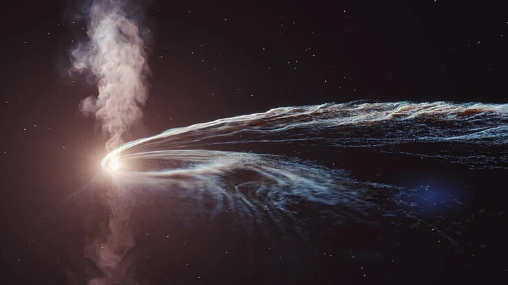 An artist’s illustration showing a black hole tearing apart the matter of a star.