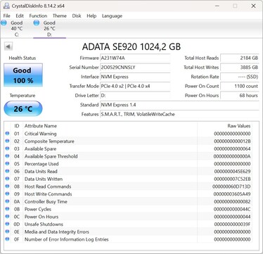 The ADATA SE920 supports PCIe 4.0 x2
