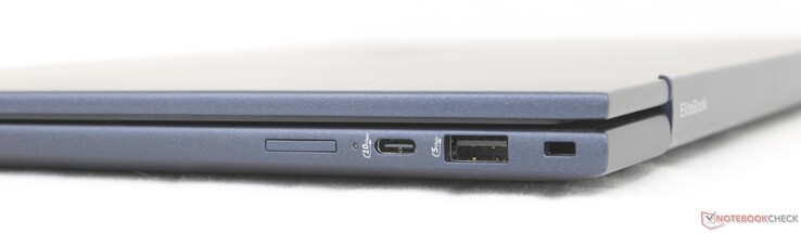 Right: Nano-SIM slot (optional), USB-C 10 Gbps w/ Power Delivery + DisplayPort 1.4, USB-A 5 Gbps, Noble lock