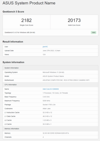 Intel Core i9-12900KS on Geekbench. (Source: Geekbench)