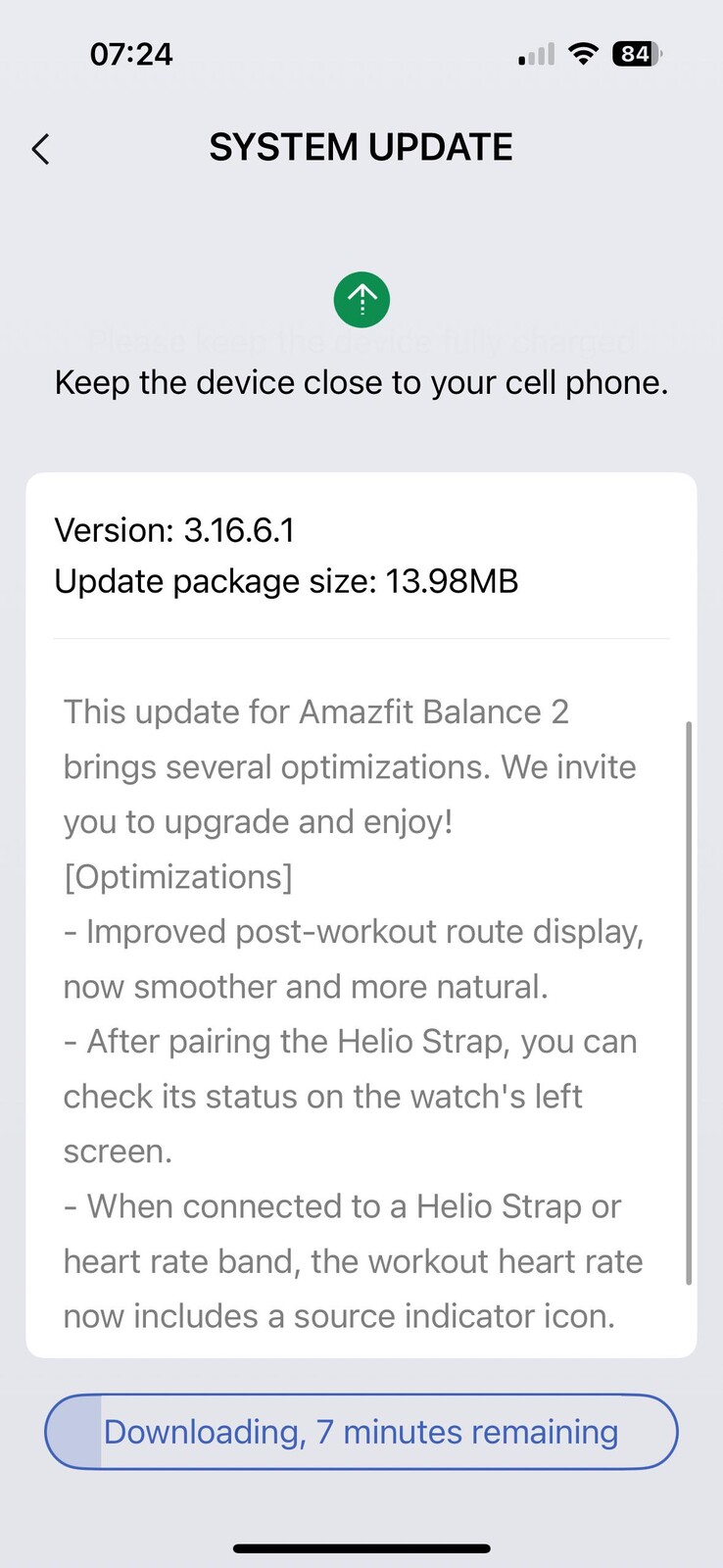 The release notes for version 3.16.6.1 for the Amazfit Balance 2 smartwatch. (Image source: u/FinishDue3792 via Reddit)