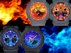 Two Casio models have vivid blue vapor-deposited gradients, while the other two have orange dial gradients. (Image source: Casio)
