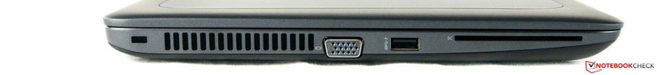 Left side: Kensington lock, VGA port, one USB 3.0 port, Smart-Card Reader