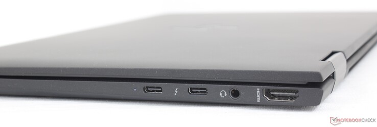 Right: 2x USB-C w/ Thunderbolt 4 + DisplayPort 1.4 + Power Delivery, 3.5 mm combo audio, HDMI 2.0