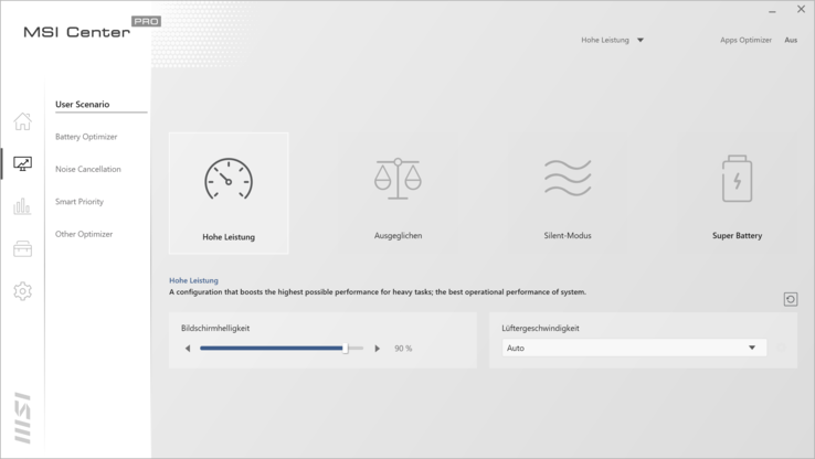 MSI Center Pro - Power Profile High performance for benchmarks, Super Battery for runtimes