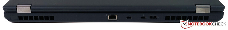 Back: RJ45-LAN, 2x Thunderbolt 3 (USB type-C 3.1 Gen 2 with power delivery & DisplayPort), SlimTip AC adapter