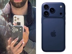 Side-by-side comparison showing an alleged iPhone 17 Pro test unit being photographed in public (left) and a close-up of the same prototype in a blue development case (right), featuring a new rear camera layout. (@Skyfops on X , formerly Twitter)