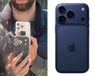 Side-by-side comparison showing an alleged iPhone 17 Pro test unit being photographed in public (left) and a close-up of the same prototype in a blue development case (right), featuring a new rear camera layout. (@Skyfops on X , formerly Twitter)