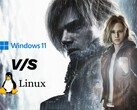 Resident Evil Requiem artwork with Windows 11 vs Linux comparison graphic.