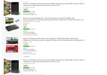 In addition to emulation apps, Amazon allows the sale of hard drives preinstalled with retro game ROMs and emulators on the site. (Image: screenshot of Amazon.com)