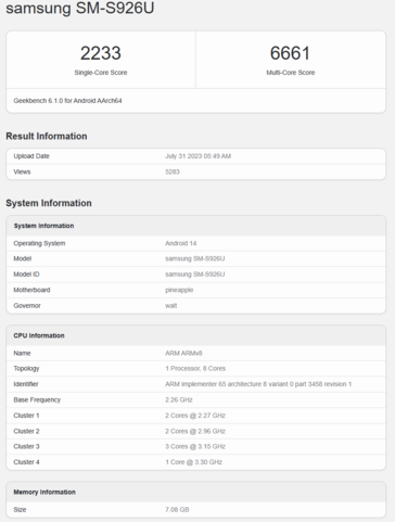 napdragon 8 Gen 3 for Galaxy in the Samsung Galaxy S24 Plus with a 1+3+2+2 configuration. (Source: Geekbench)