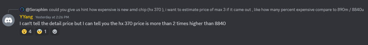 GPD representative talks about Ryzen AI 9 HX 370 APU price (Image source: GPD Official Discord)