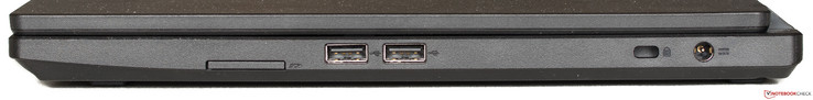 Right side: SD card reader, 2x USB 2.0, Kensington, power