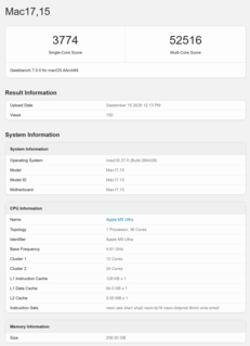 Apple M5 Ultra Geekbench 7 score