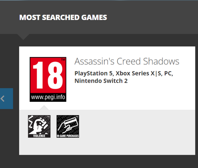 Assassin's Creed Shadows PEGI rating (Image source: screenshot, PEGI)