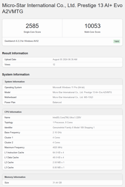 Core Ultra 6 228V Geekbench score (image source: Geekbench)