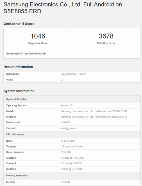 Exynos 1580 Geekbench 5.5 score (image source: Geekbench)