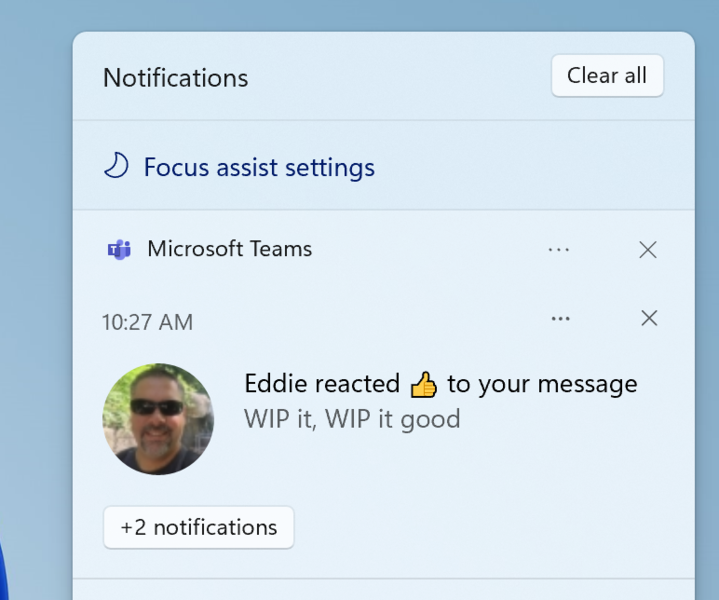 Focus assist settings are now accessible from within notifications. (Image source: Microsoft)
