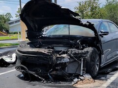The aftermath of a Lucid Air demo vehicle catching fire