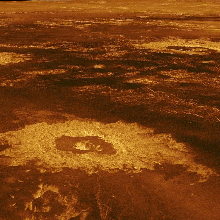 An image taken by the Magellan probe showing craters and volcanic activity on Venus.