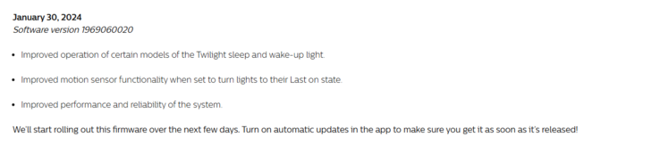 The release notes for the Philips Hue Bridge software version 1969060020. (Image source: Philips Hue)