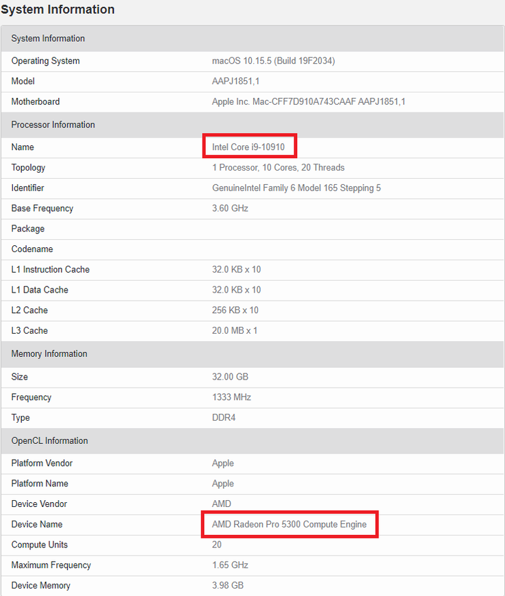 Intel Core i9-10910 and Radeon Pro 5300. (Image source: Geekbench)