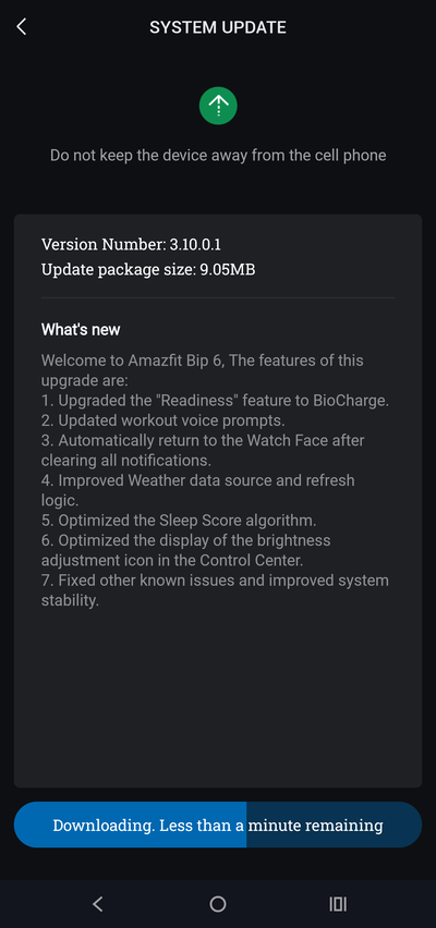 The release notes for Amazfit Bip 6 firmware version 3.10.0.1