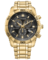 Citizen Classic Eco-Drive chronograph with a black dial, gold-tone 44mm stainless-steel case and bracelet, fixed 60-minute bezel, three subdials, and date window.